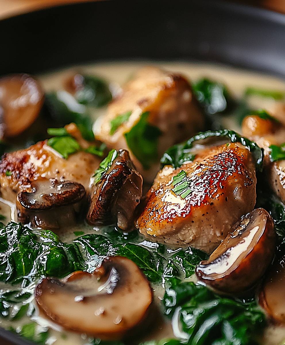 Sauté poulet champignons épinards crème