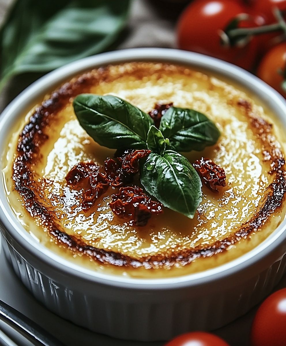 Creme brulee parmesan tomates sechees basilic