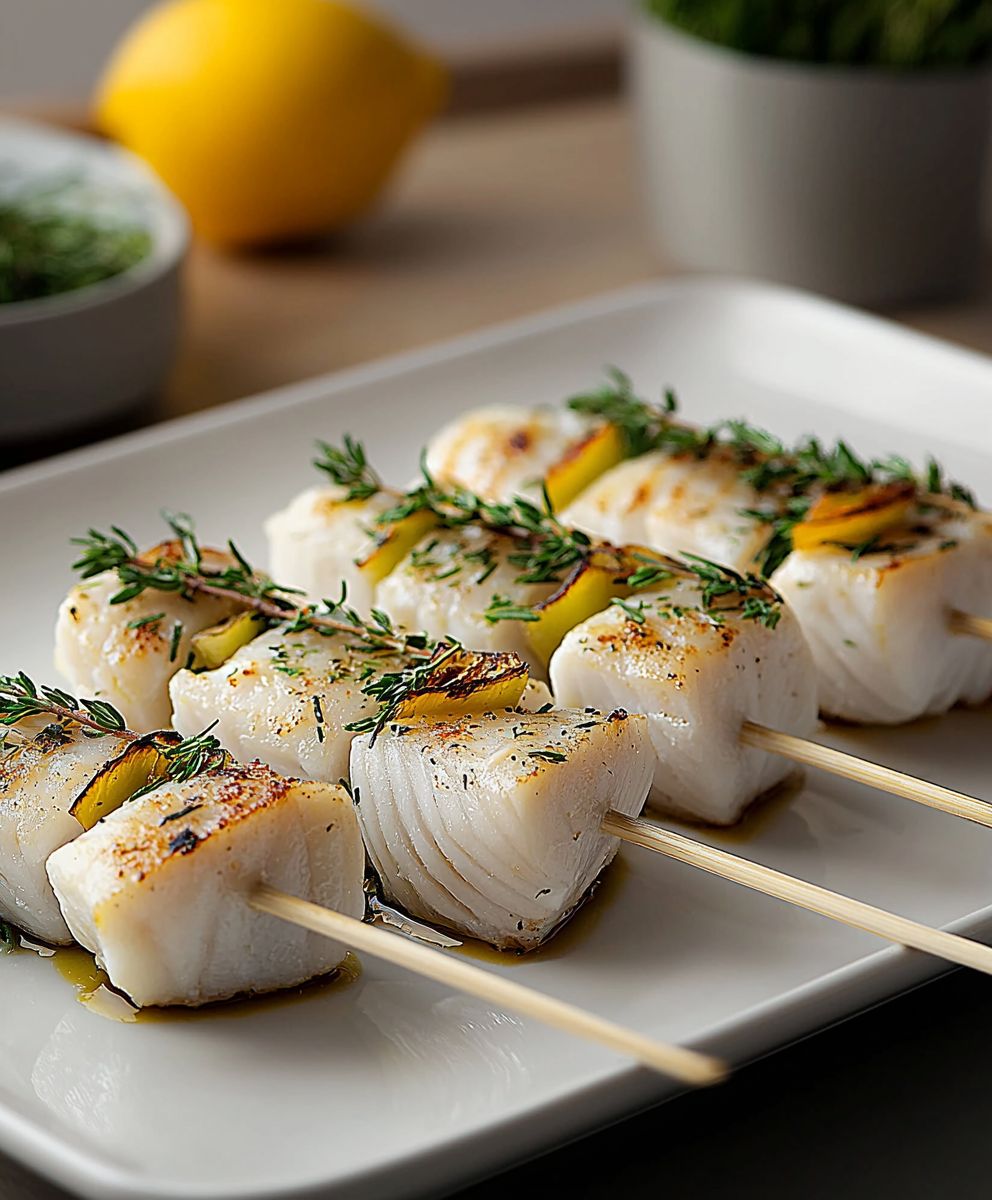 Brochettes poisson blanc herbes fraîches
