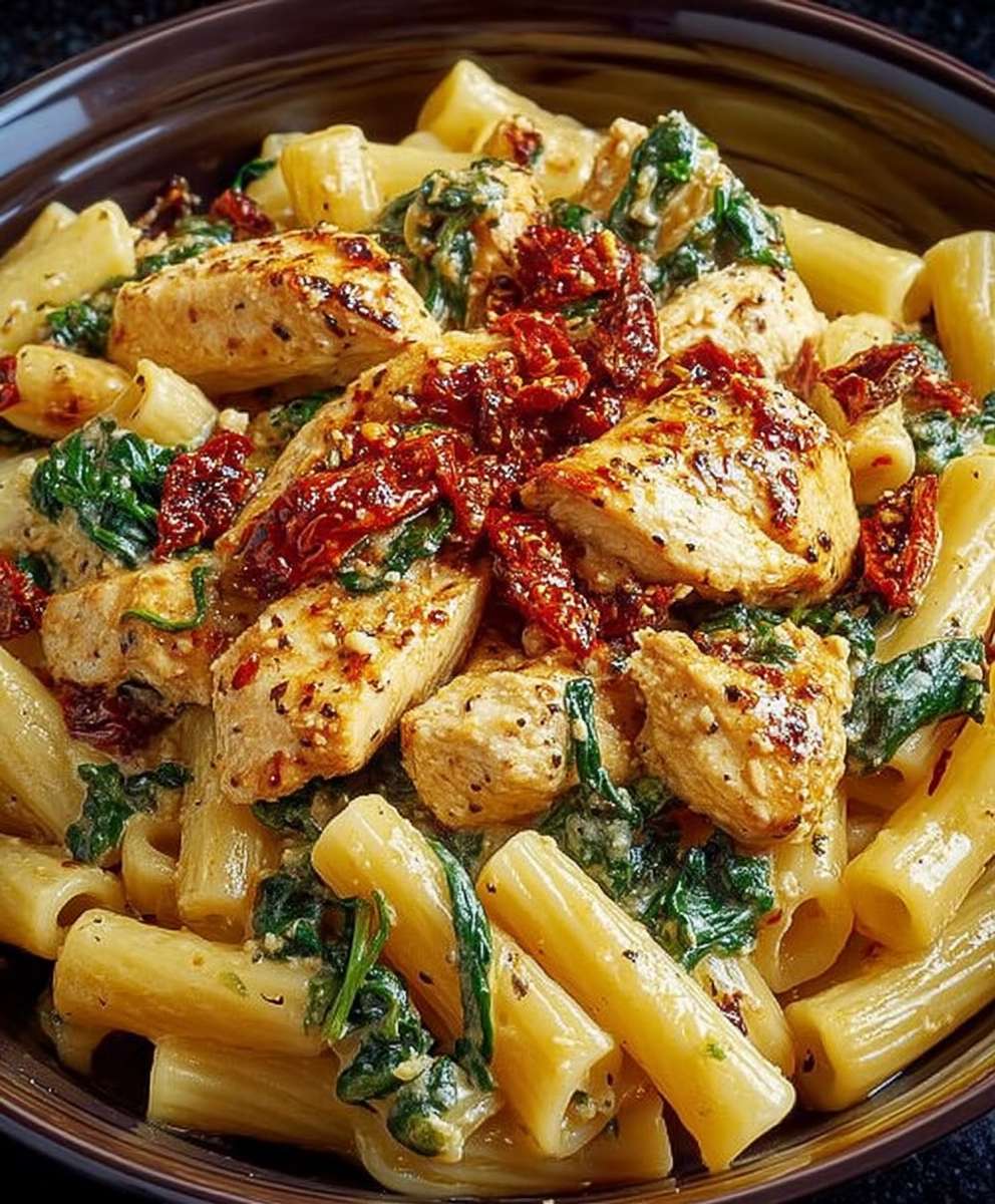 Pâtes poulet Asiago tomates séchées épinards