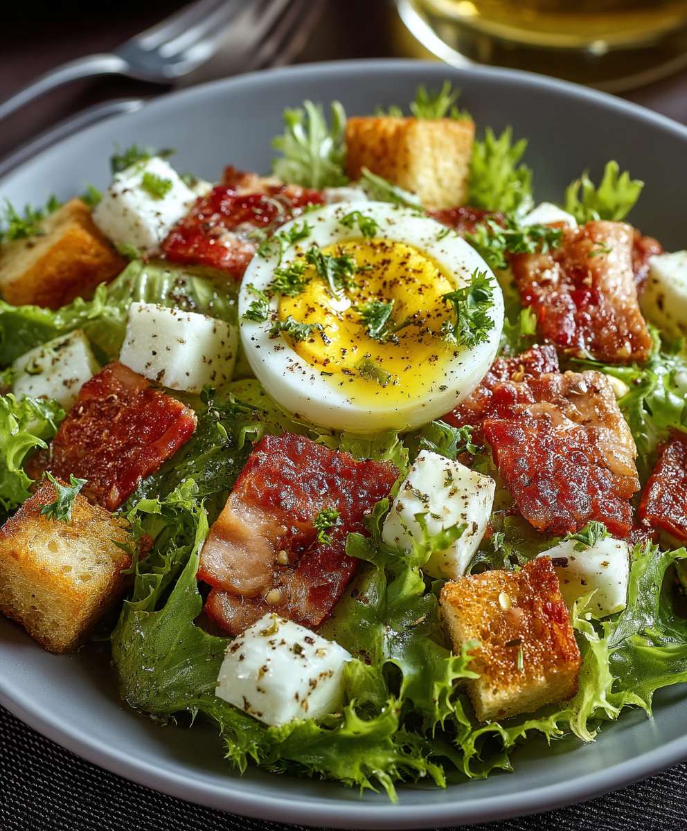 Salade frisée bacon uf croûtons