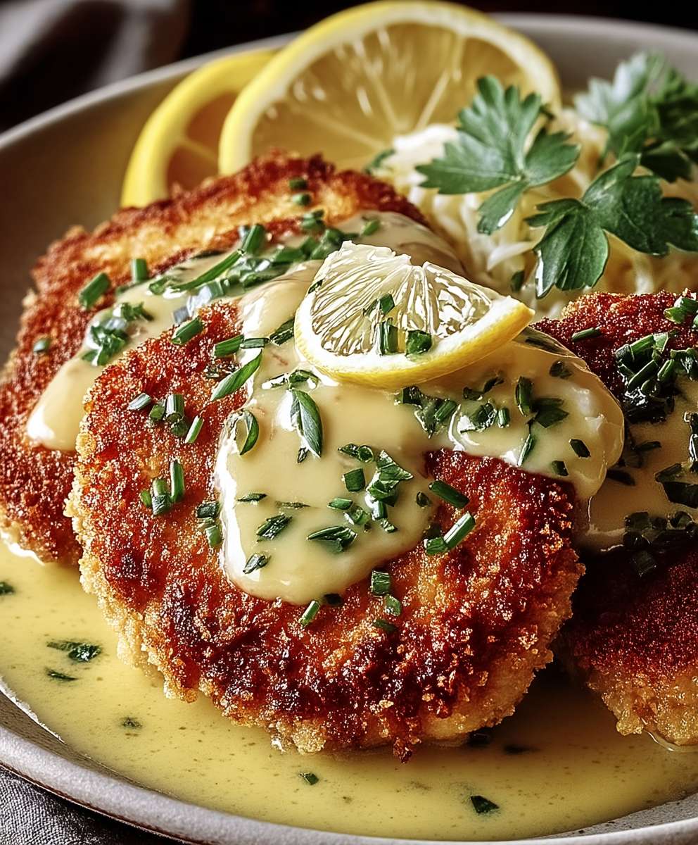 Escalope poulet panée sauce crémeuse citron
