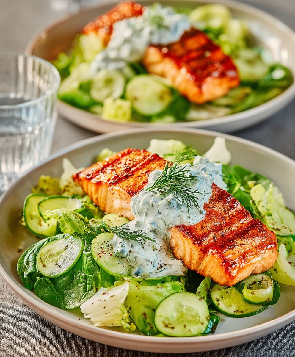 Saumon grillé salade yaourt herbes