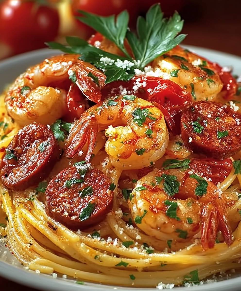 Spaghetti crème poivron chorizo crevettes