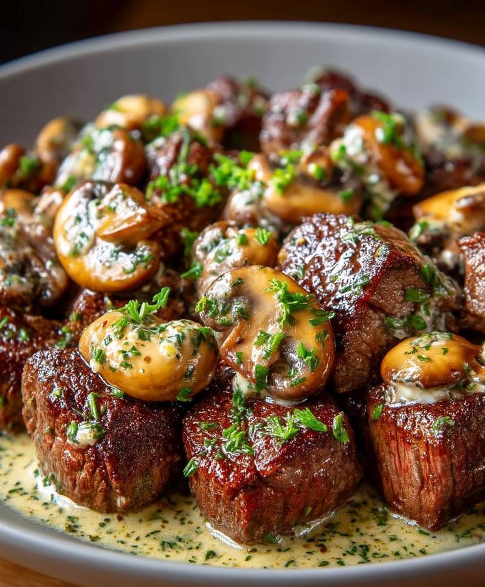 Bouchées steak beurre ail champignons