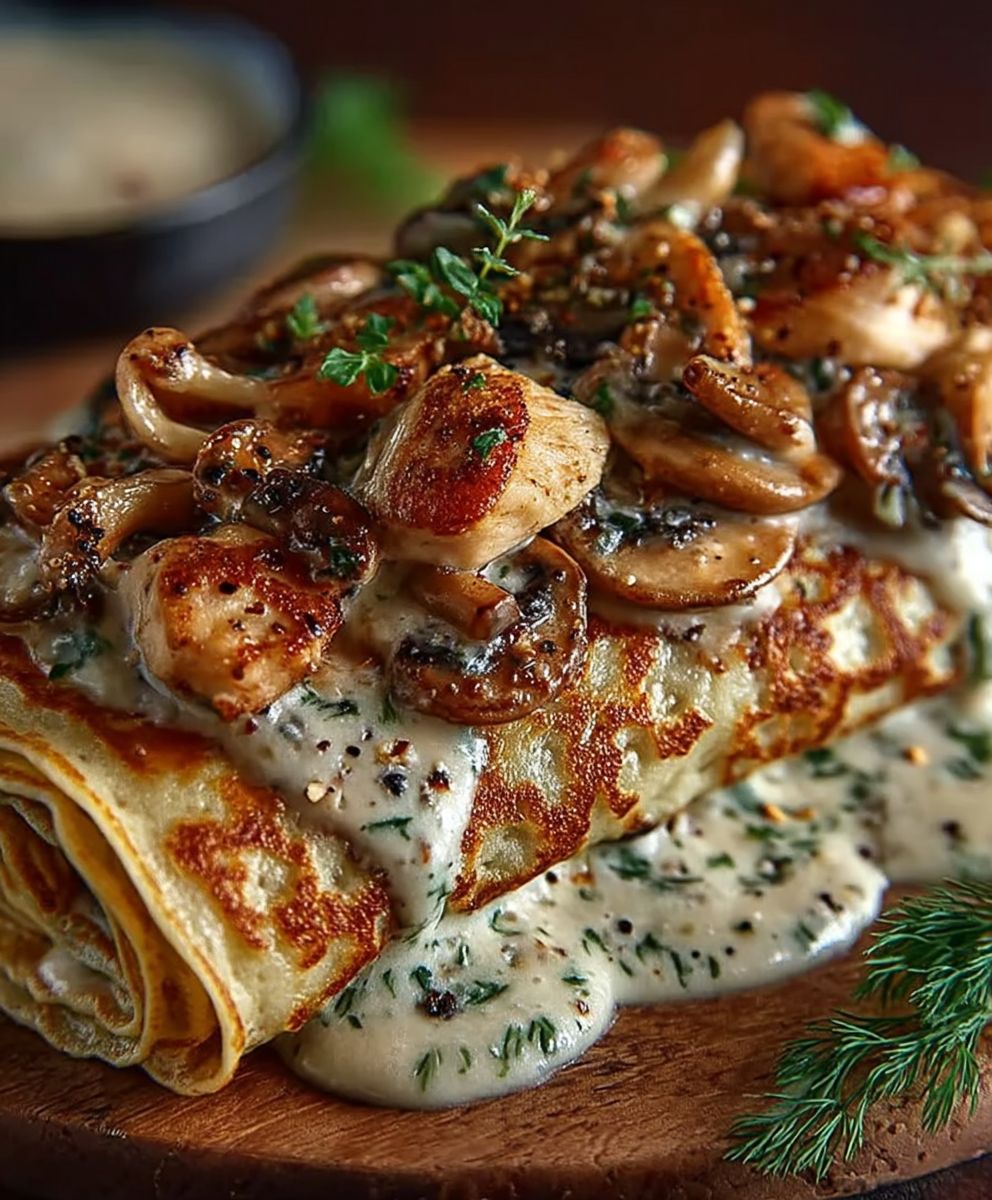 Crepes poulet champignons sauce cremeuse
