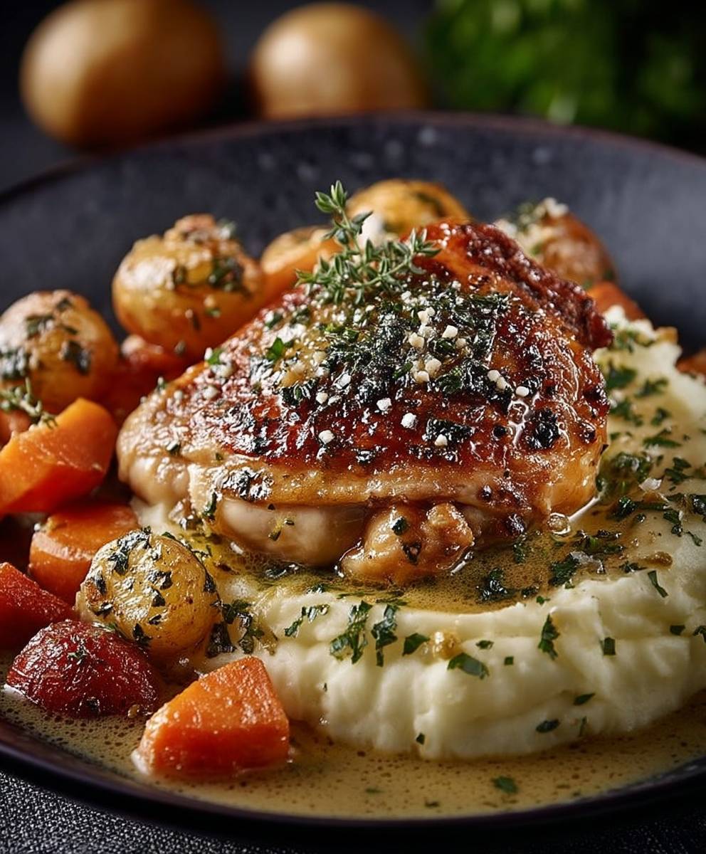 Poulet rôti légumes racines purée