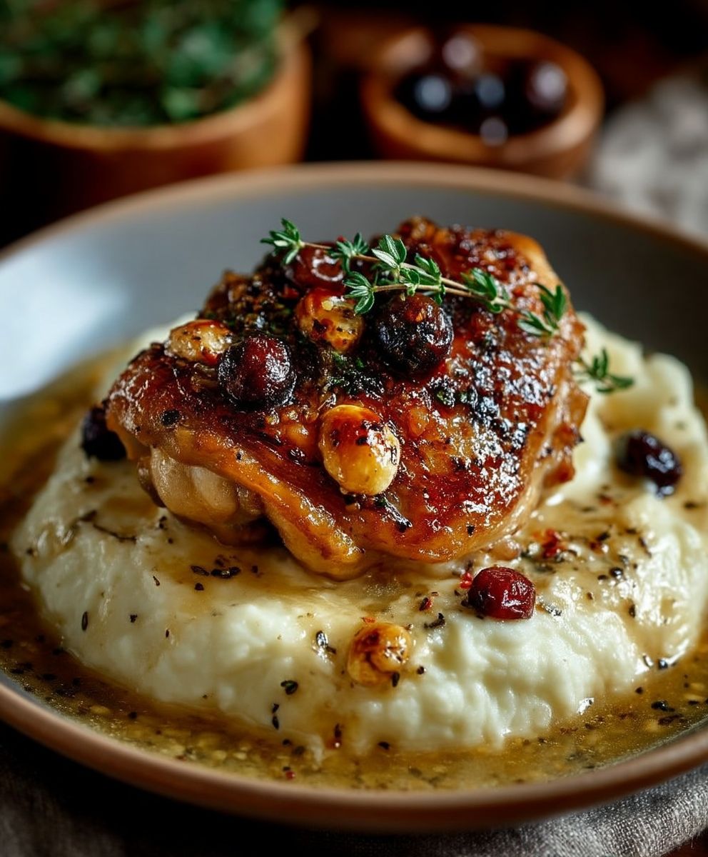 Cuisse poulet rôtie purée ail