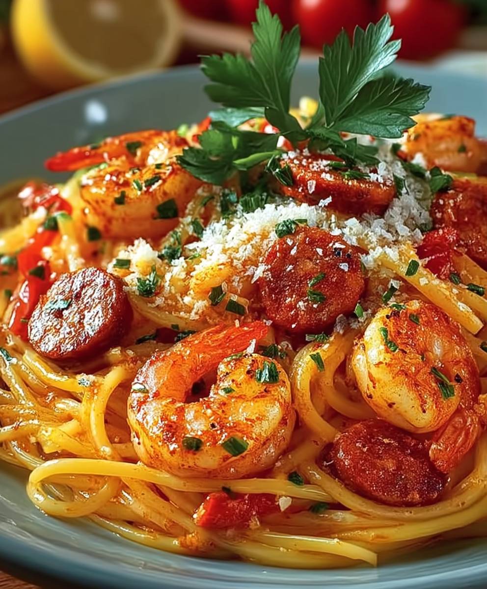 Spaghetti crème poivron chorizo crevettes