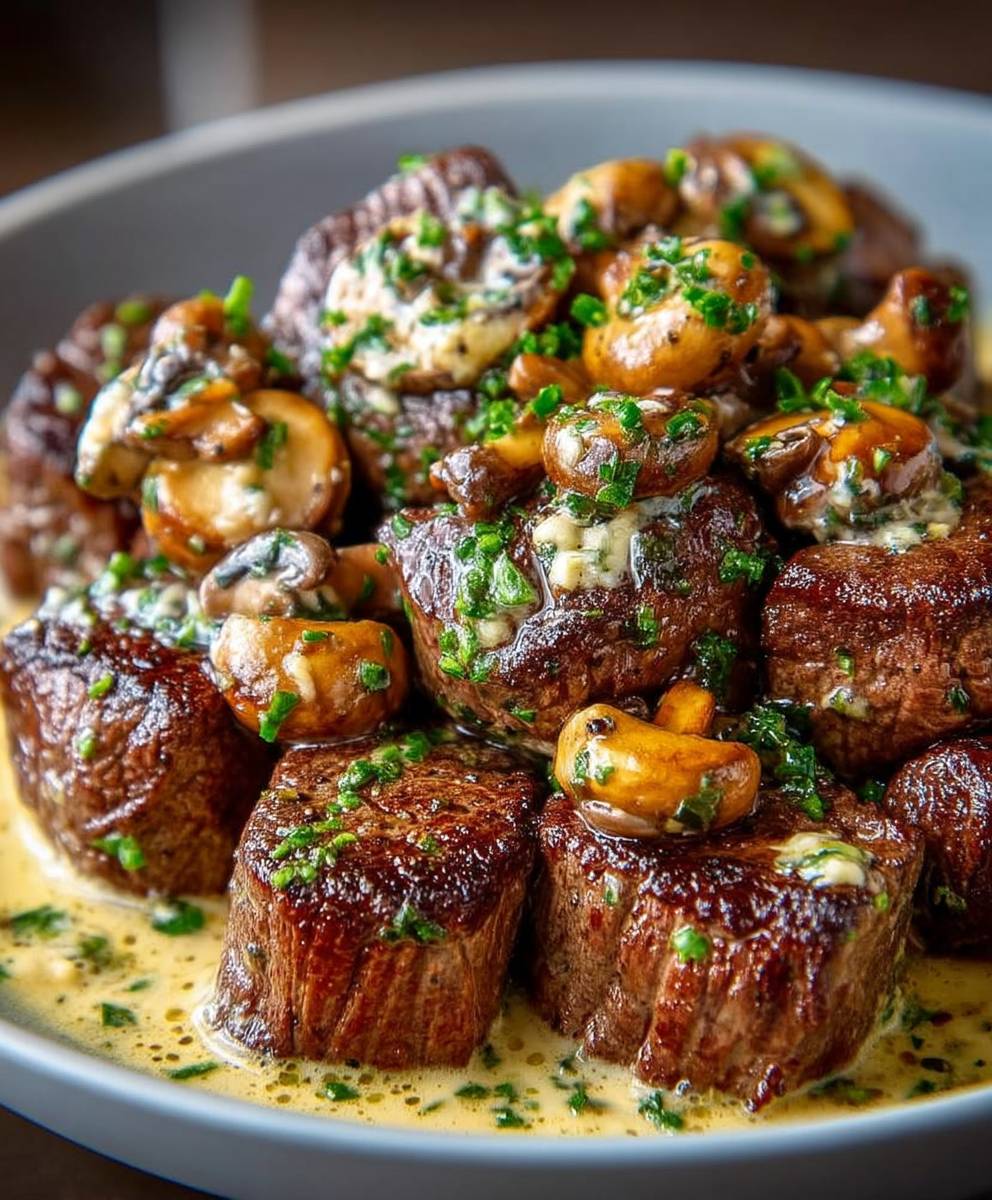 Bouchées steak beurre ail champignons
