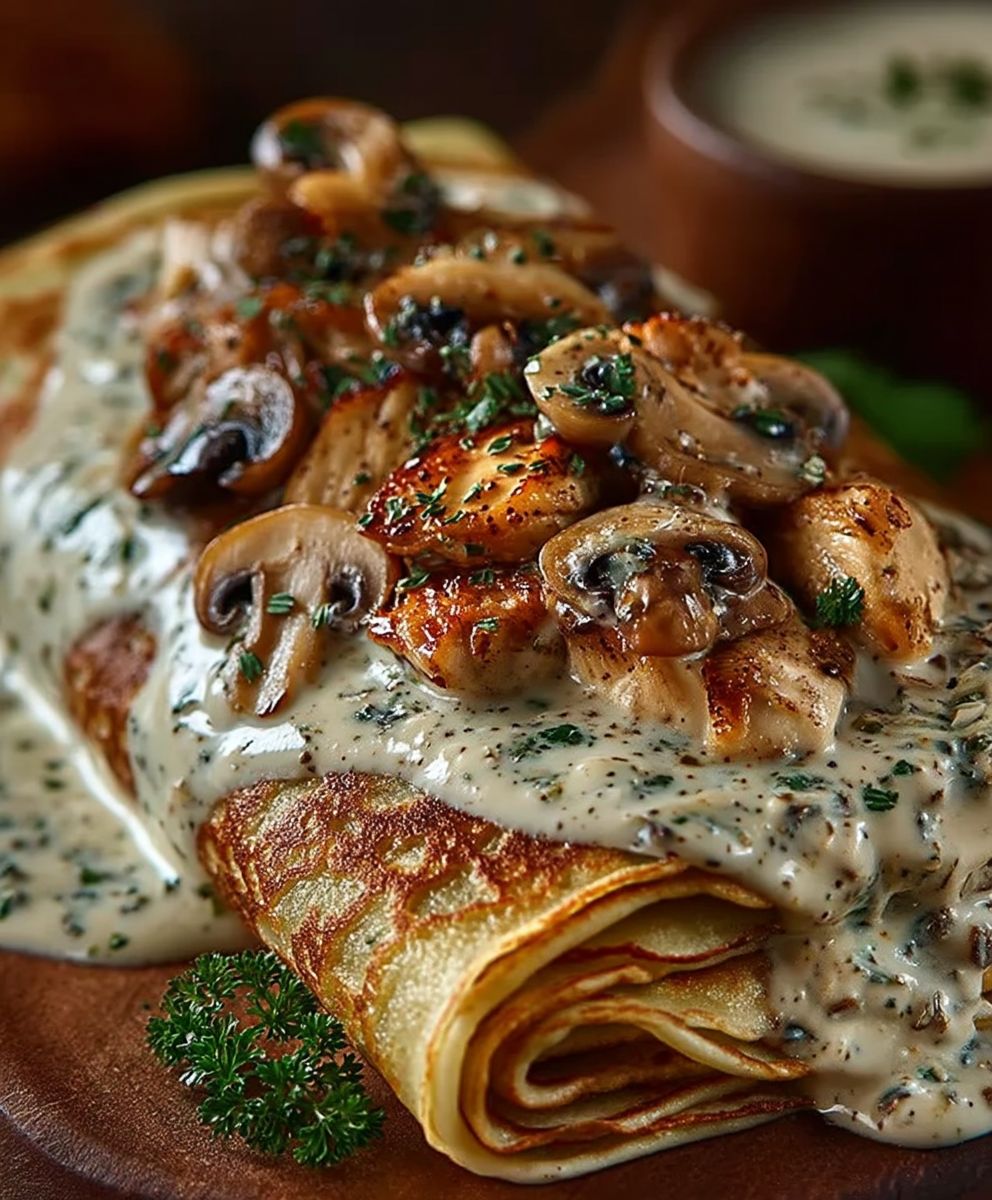 Crepes poulet champignons sauce cremeuse