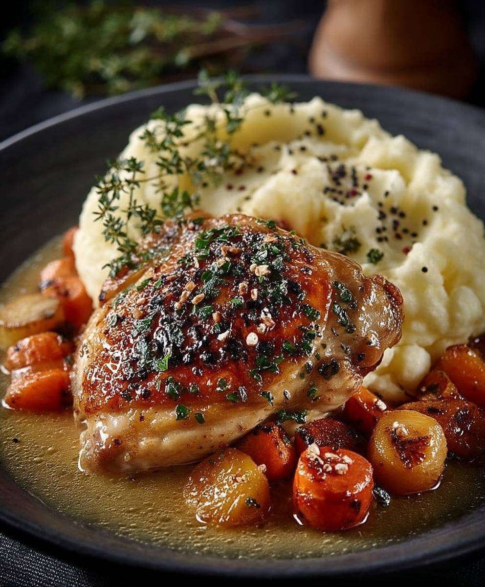Poulet rôti légumes racines purée