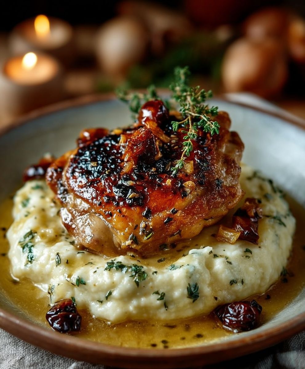 Cuisse poulet rôtie purée ail