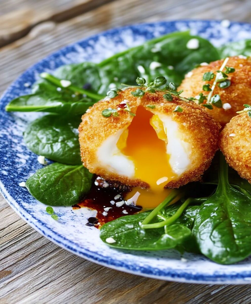 Oeufs panés sur lit épinards
