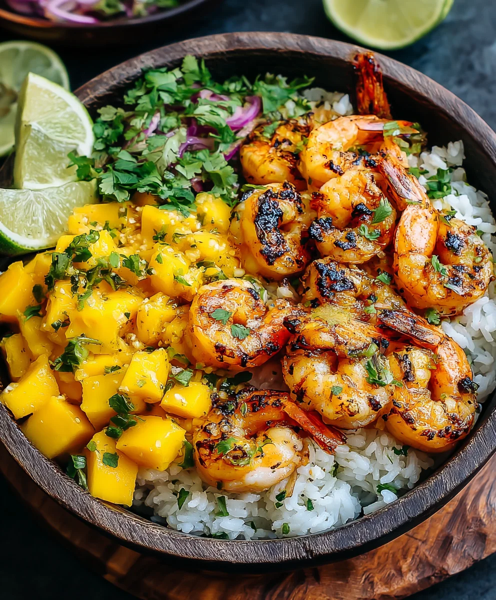Délicieux bol de riz aux crevettes et mangue pour l'été