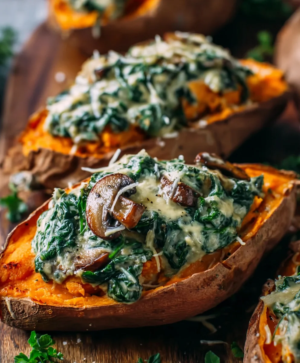 Patates Douces Farcies Crémeuses aux Champignons & Épinards