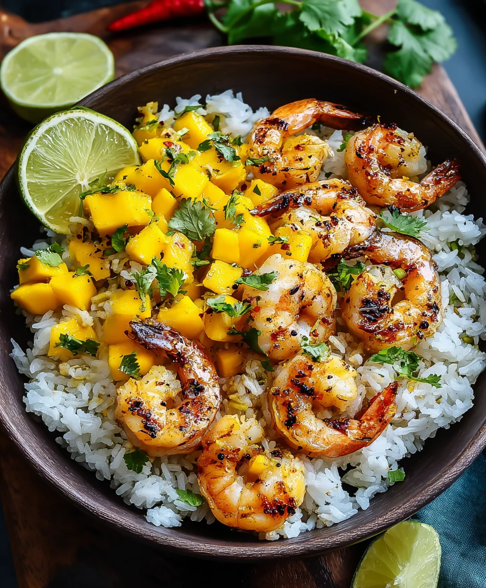 Délicieux bol de riz aux crevettes et mangue pour l'été