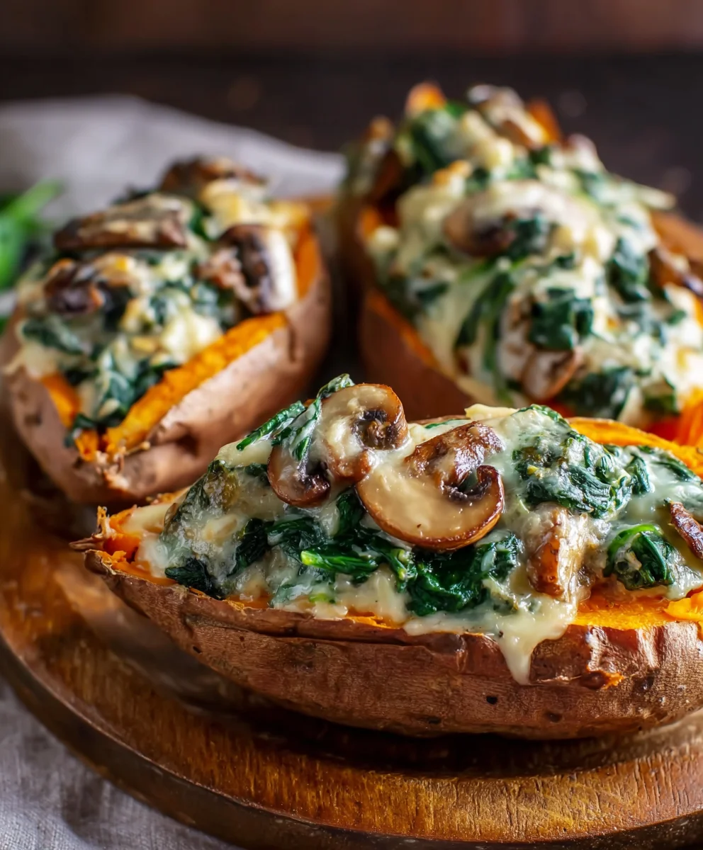 Pommes de terre douces farcies crémeuses champignons & épinards