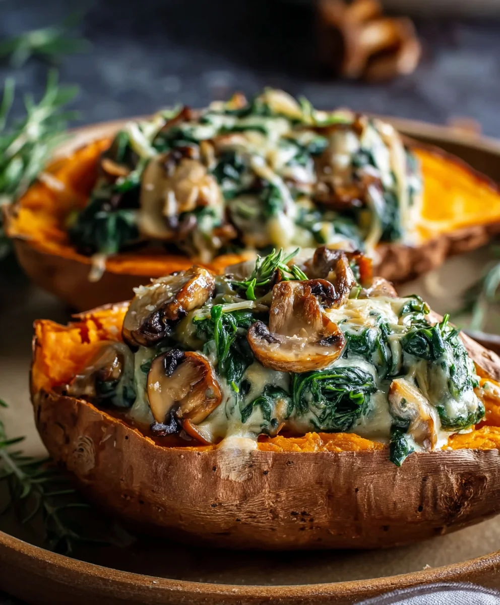 Pommes de terre douces farcies crémeuses champignons & épinards
