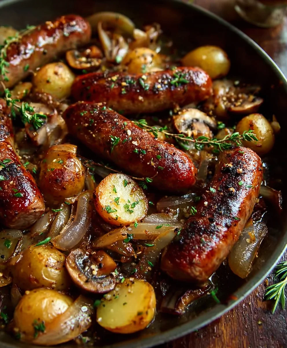 Saucisses & Bœuf Champignons Pommes de Terre au Four