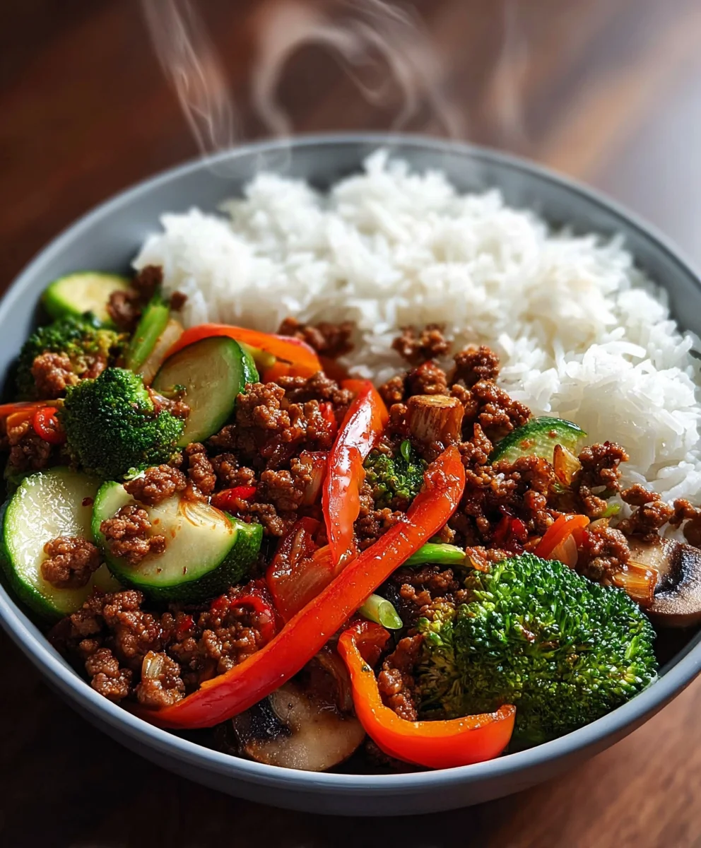 Sauté de Bœuf Épicé Riz & Légumes Ail
